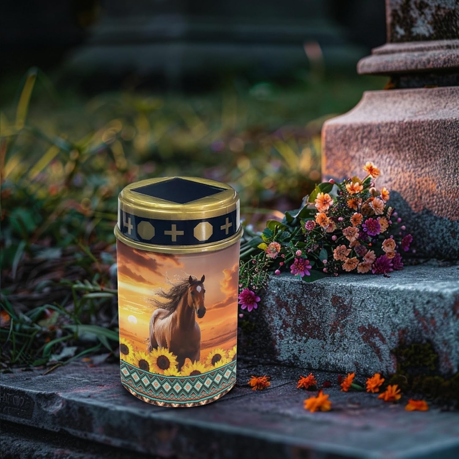 Western Aztec Horse Solar Light for Garden Yard,Horse Solar Pathway Lights Outdoor Waterproof Landscape Lighting Solar Lantern Flameless Warm White Lights Sunflower