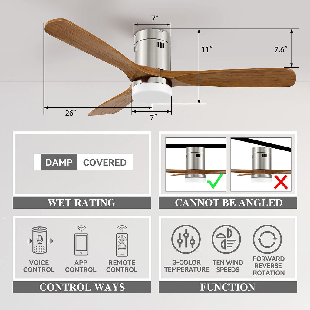 SMAAIR 52 Inch Flush Mount Ceiling Fan with Light, Low Profile Outdoor Ceiling Fan with Remote and Dimmable Light, 10 Speed DC Motor, Compatible with Alexa/Google Assistant/Siri Shortcuts (Wood)