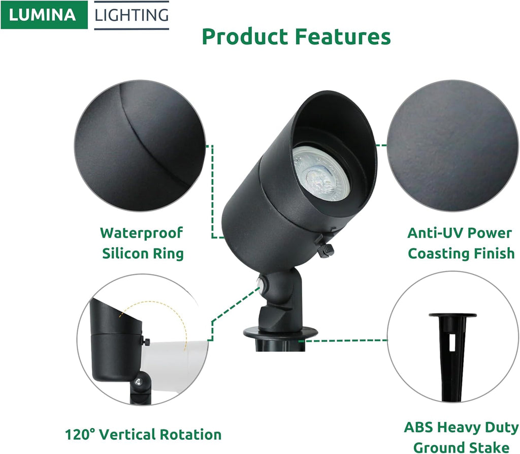 Lumina Lighting® 5W Landscape Lighting 12V Landscape Lights Low Voltage Landscape Spotlights Warm White Waterproof Outdoor Replaceable LED Bulb for Garden,Lawn,Porch,Patio and Yard (Black) (6-Pack)