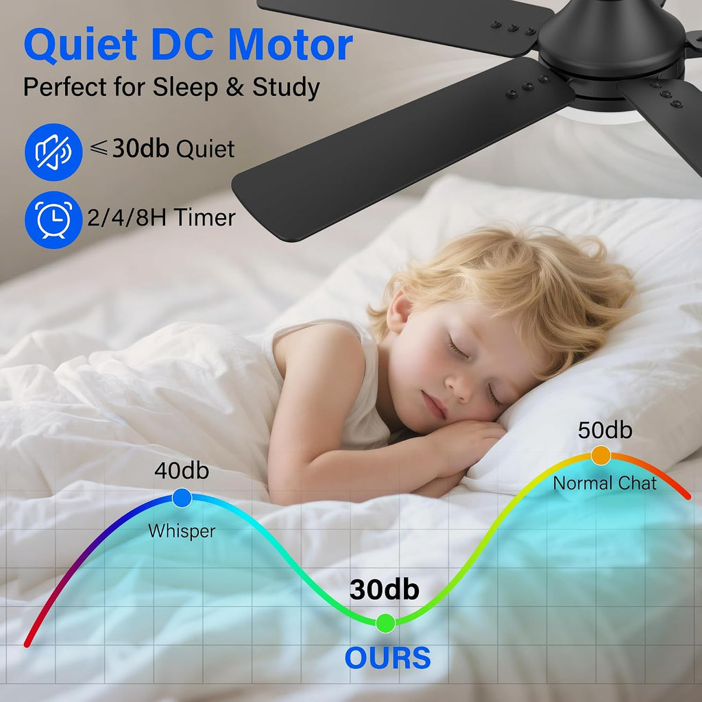42 Inch Ceiling Fans with lights,RGB Low Profile Ceiling Fan with Light and Remote Control,APP,Black Flush Mount Ceiling Fans for Small Bedroom,Patio,Porch,Outdoor Indoor Use,5 Blades,Dimmable,Quiet