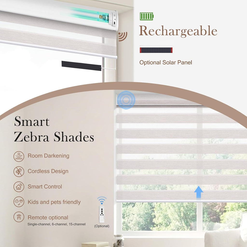 Motorized Zebra Blinds, Automatic 60% Blackout Shades for Indoor Windows Work with HomeKit, Alexa, Google Home, Customized Electric Blinds with Remote, App, Voice Control, Fabric Ivory