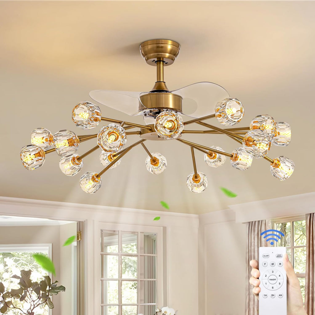 Siljoy 18 Lights Modern Crystal Ceiling Fan Light and Remote Control, Farmhouse Brass Gold Sputnik Crystal Fandelier, Reversible Ceiling Fan Light Kit for Living Dining Room Bedroom 42 Inches