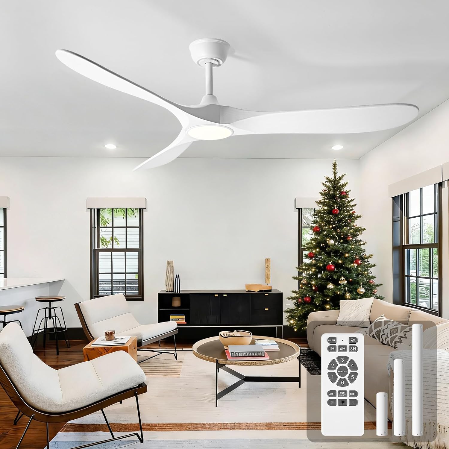 52 Inch Ceiling Fans with Lights and Remote, Wood Outdoor Ceiling Fan with 6 Speed Noiseless DC Motor, Indoor Modern 3 Blade Propeller Ceiling Fan for Bedroom Living Room Gazebo Patio (White)