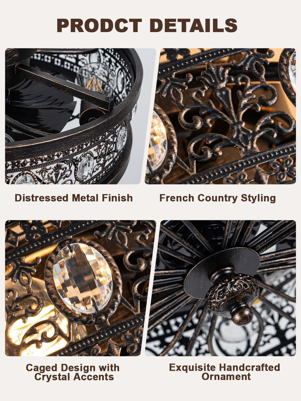 Dawn Whisper Vintage Victorian Caged Flush Mount Ceiling Fans with Lights | Vintage look/French Styling Caged Design with Crystal Accents Ideal Small-Space Flush Mount for Bedroom