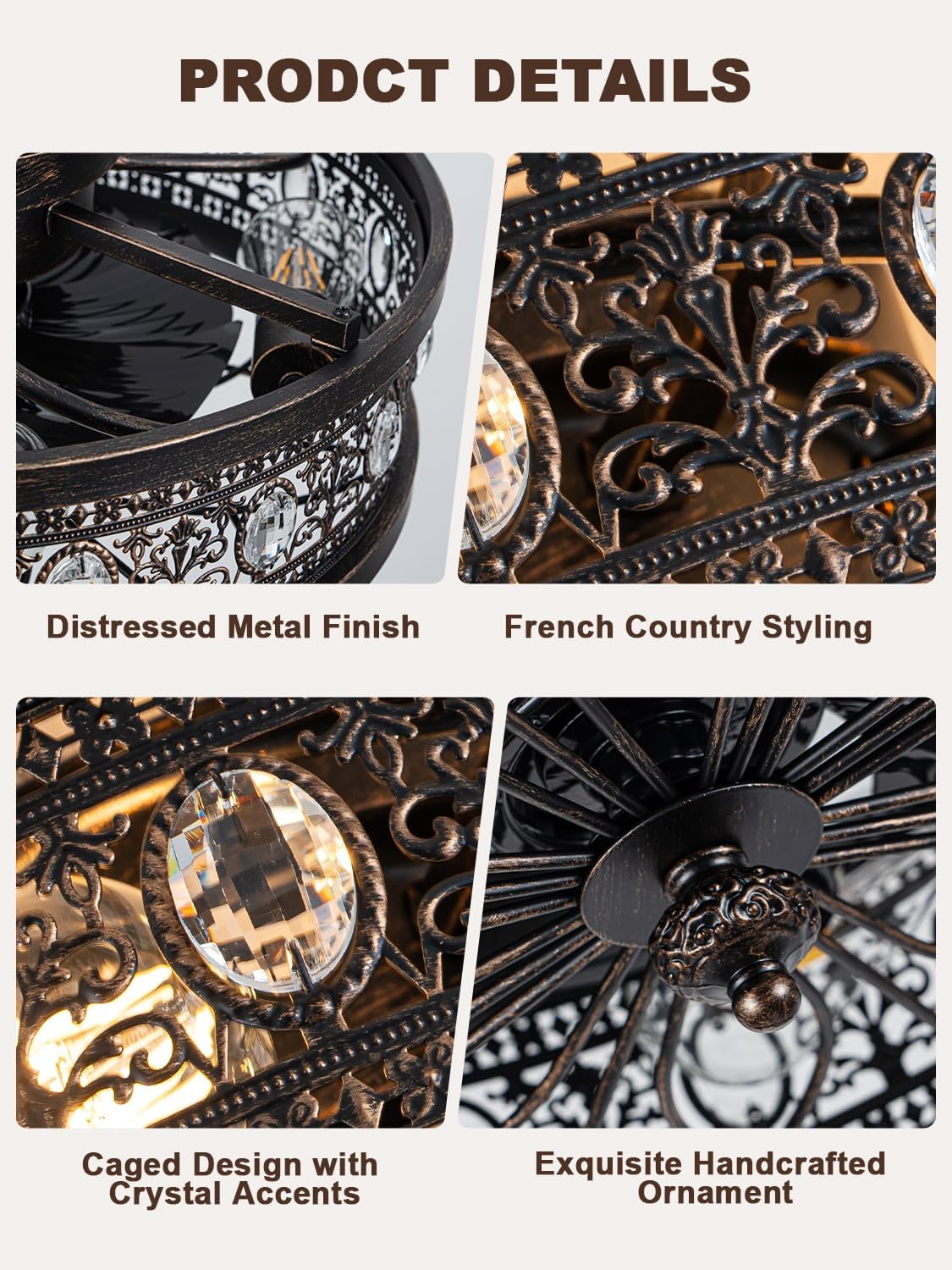 Dawn Whisper Vintage Victorian Caged Flush Mount Ceiling Fans with Lights | Vintage look/French Styling Caged Design with Crystal Accents Ideal Small-Space Flush Mount for Bedroom