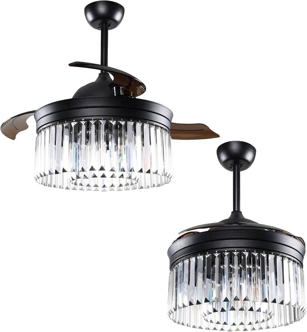 Parrot Uncle Ceiling Fans with Lights and Remote Black Chandelier Ceiling Fan with Light for Bedroom, Retractable Blades, 42 Inch