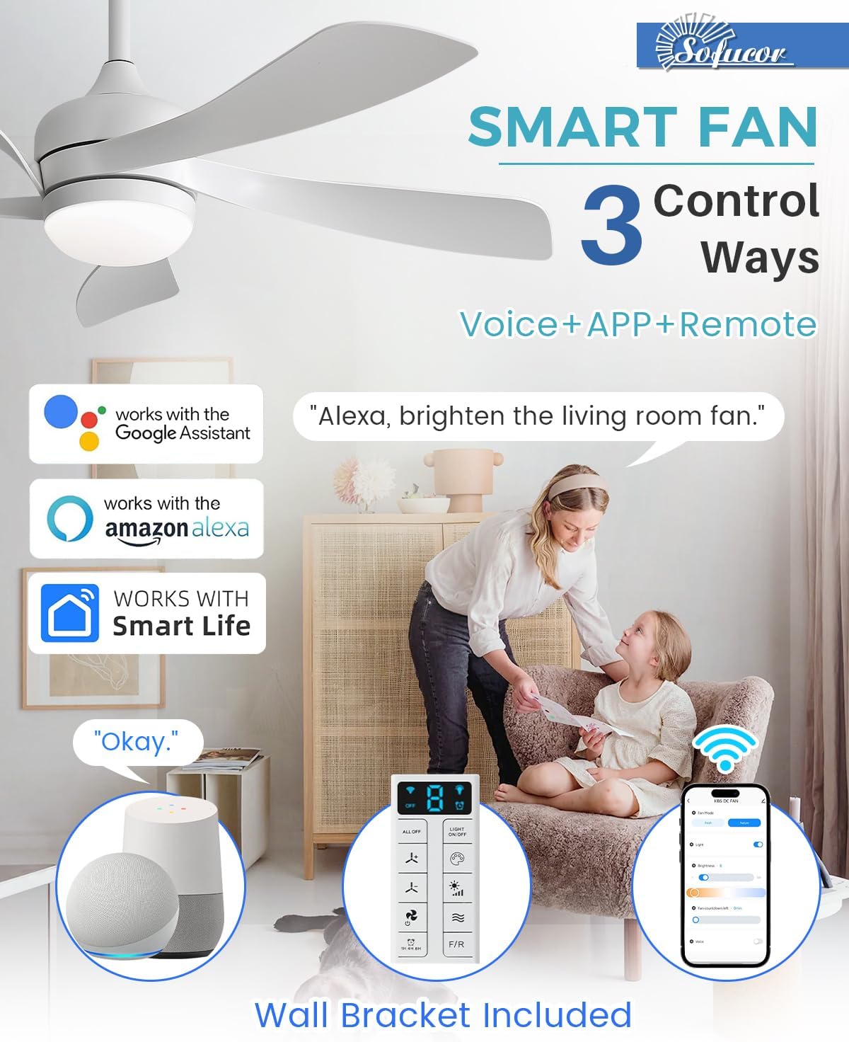 Sofucor 42' Smart Ceiling Fan, Indoor/Outdoor White Ceiling Fans with Lights and Remote, Works with Alexa/Google/App, 3-Color Light 6-Speed Timing Reversible DC Motor for Bedroom Living Room Patio