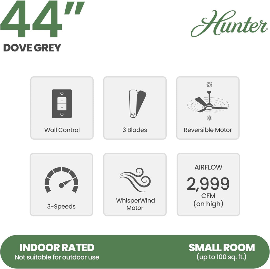 Hunter Fan 44 Inch Grey Indoor Ceiling Fan With No Light and 3 Blades for Kids Room, Bedroom, Living Room, Office, Basement, Kitchen, Dining Room (Renewed)