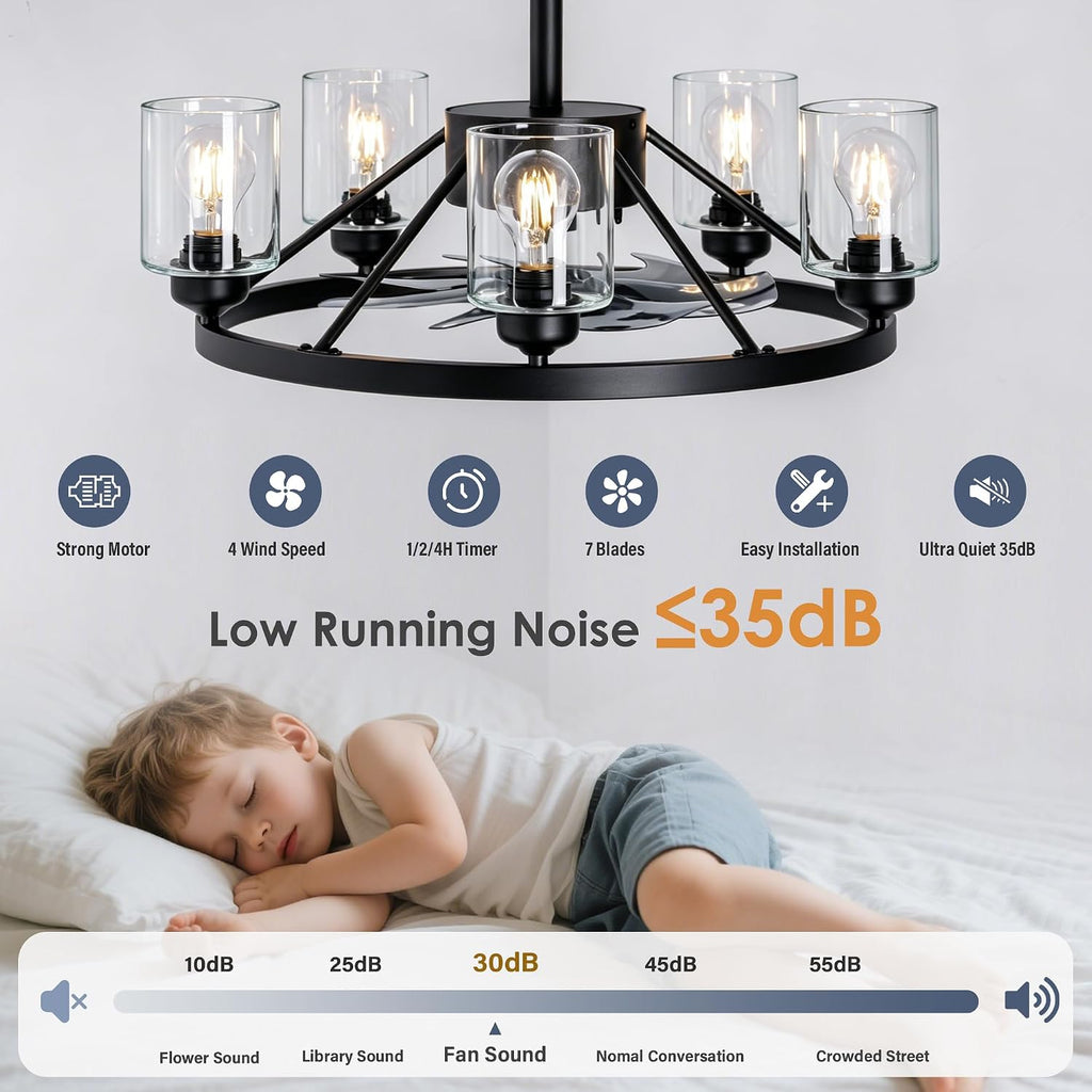 Miuyhji 24' Ceiling Fans with Lights Wagon Wheel Chandelier, Farmhouse Fandelier Black Fans with Glass Lampshade Light Fixture, 6 Speed, Timing, Adjustable Height for Dining Room Living Room