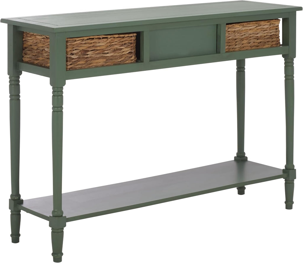 SAFAVIEH Home Collection - Christa Entryway Console Table, Dusty Green Solid Wood 3-Drawer Storage Sofa Table with Rattan Baskets (AMH5737J)