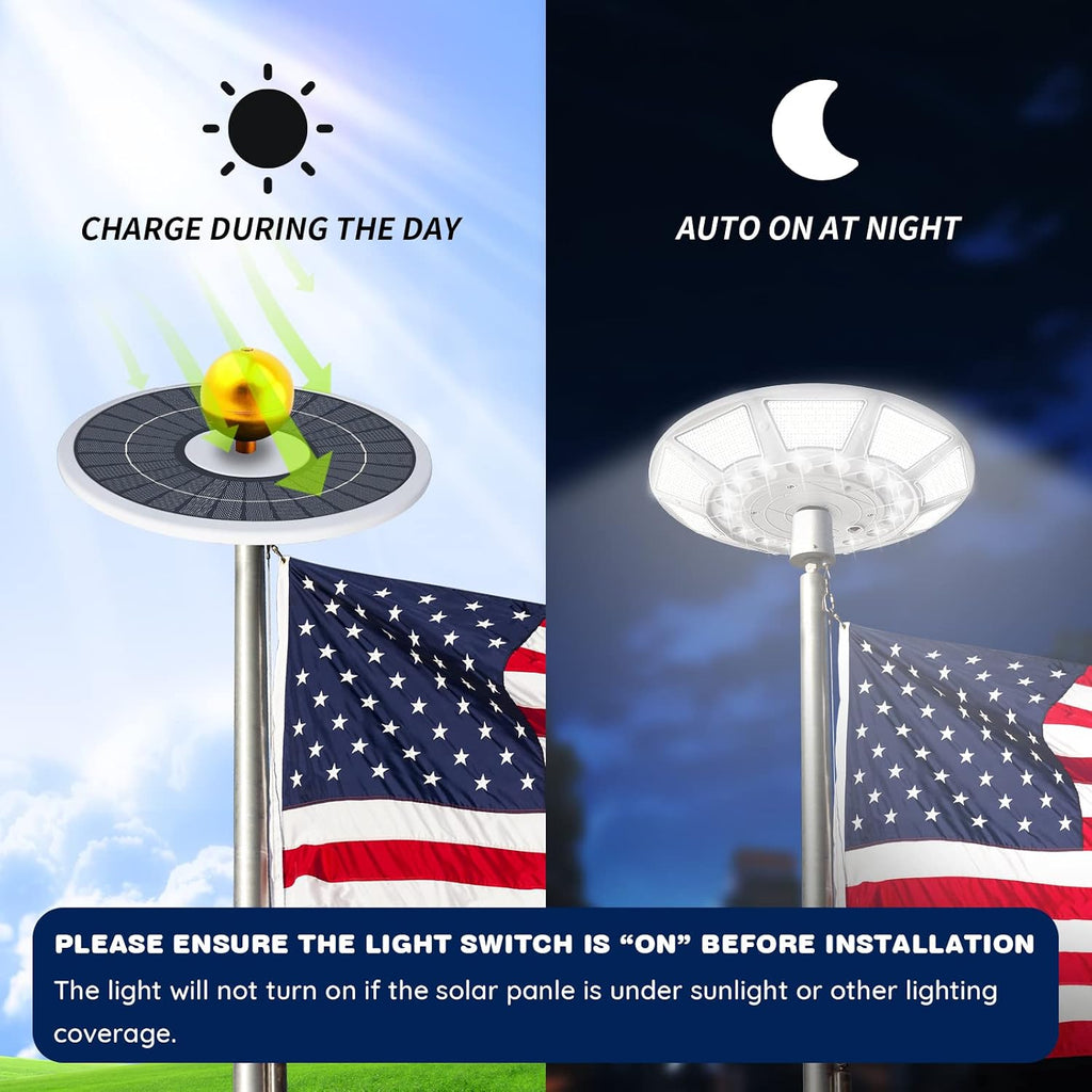 Flagpole Solar Light 6000 Lumens Brightest 566 LED Flag Pole Light Solar Powered with DC Charge Port Last Up to 20 Hrs Outdoor Dusk to Dawn IP67 Waterproof for Most 15 to 40ft Flag Poles