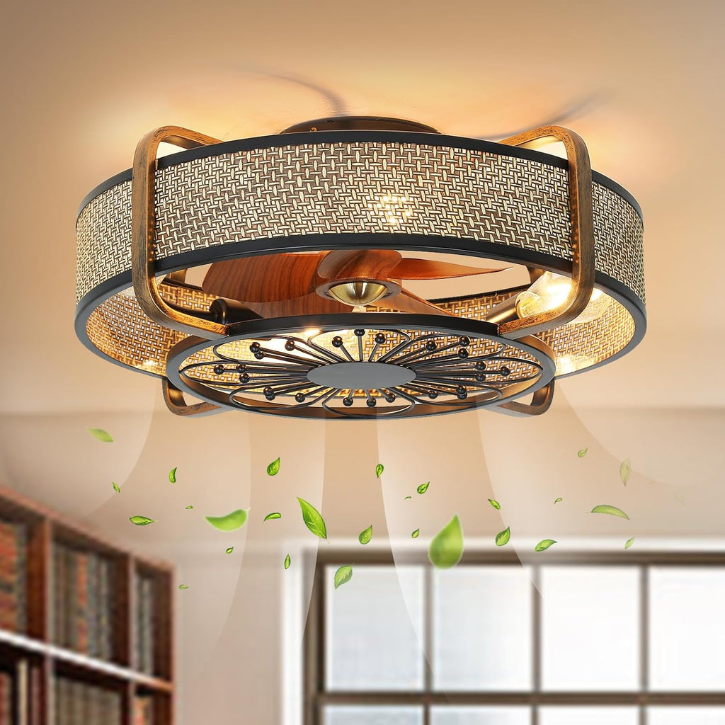 Caged Fandelier With Light and Remote - 21' Rattan Low Profile Enclosed Ceiling Fan, 6 Speeds Reversible Motor, Flush Mount, Black
