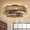 Caged Fandelier With Light and Remote - 21' Rattan Low Profile Enclosed Ceiling Fan, 6 Speeds Reversible Motor, Flush Mount, Black