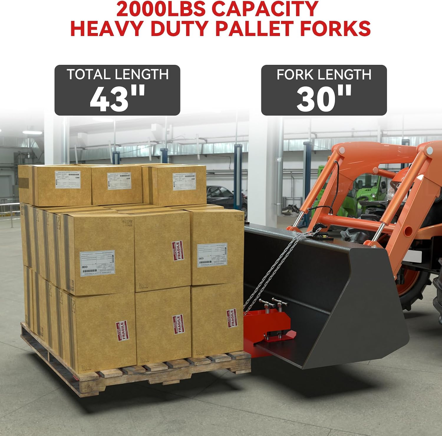 Upgraded 43' Tractor Bucket Forks,Clamp on Pallet Forks with Anti-Slip Tongue 2000LBS,Twin Screw Design,Adjustable Stabilizer Bar,Heavy Duty Skid Steer Pallet Forks for Tractor Bucket Loader, Red