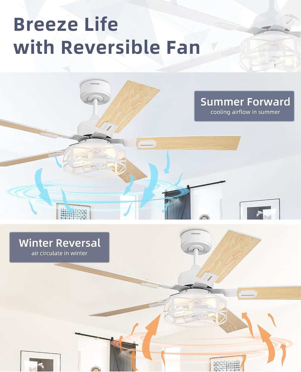 YOUKAIN 48 Inch Ceiling Fans with Lights, Farmhouse Ceiling Fans with Wall Switch and Remote Control, 5-Reversible, White Finish, Outdoor Ceiling Fan for Indoor/Outdoor Use, 48-YJ632-WHW-WS