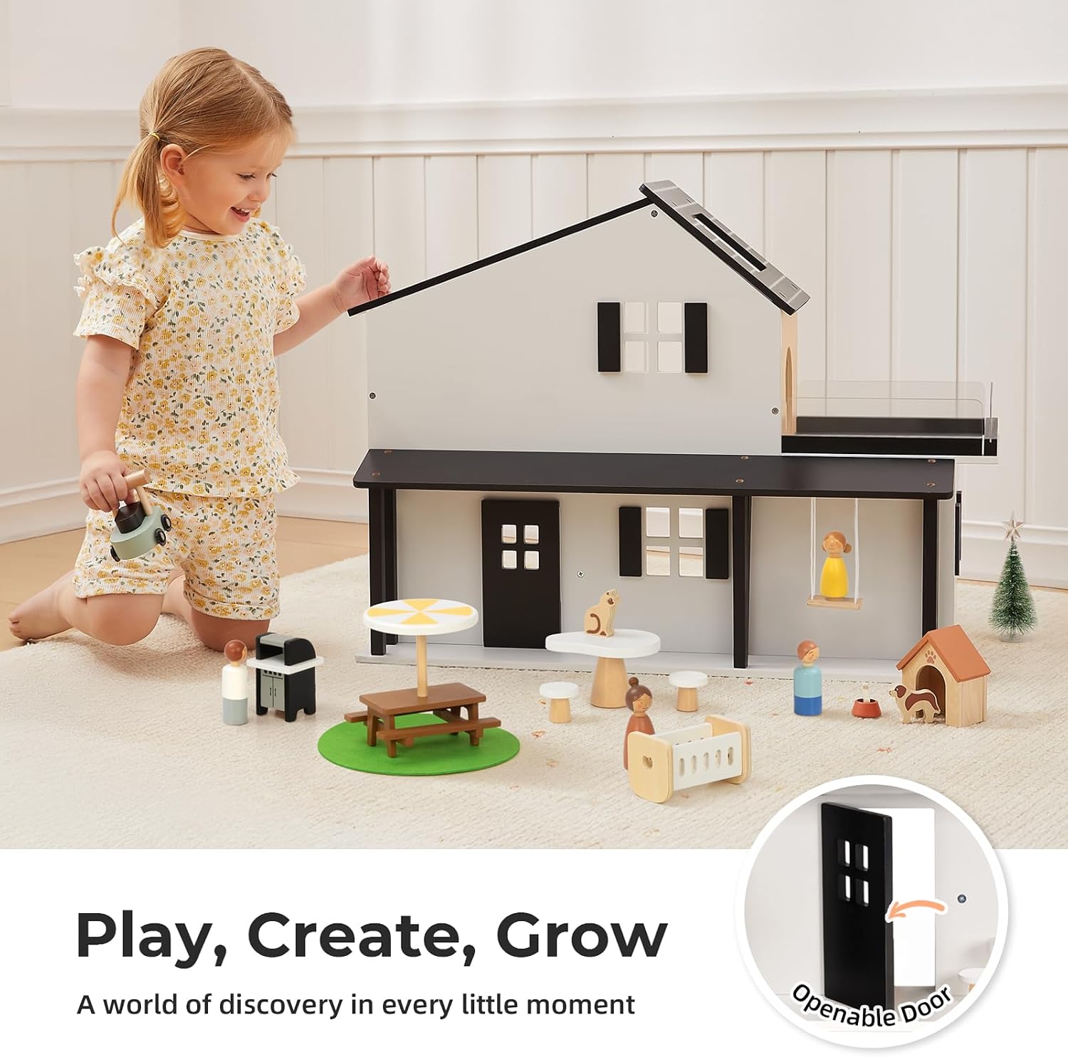 OOOK Wooden Dollhouse, Modern Doll House with 66Pcs Luxurious Furniture Accessories, Including Dolls and Pet Sets, Wood Dollhouse Toy for Boys and Girls 3+