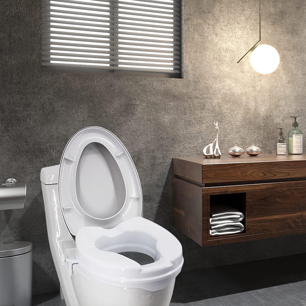 Raised Toilet Seat with Lid 300 Lbs Heavy Duty Elevated Toilet Seat with Tightening Clamps Raised Toilet Seats for Most Elongated Toilets (White, 6 Inches)