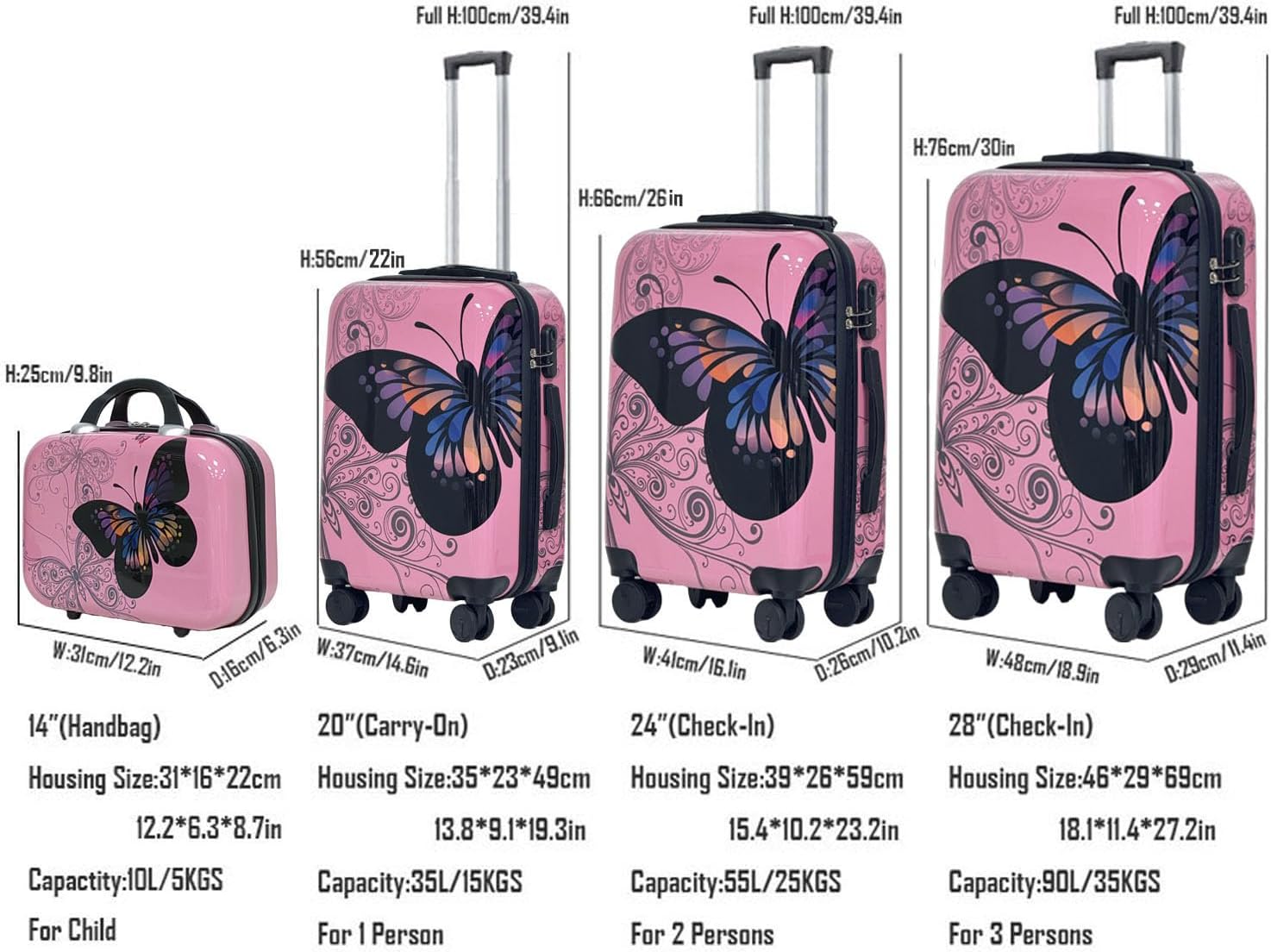 Pink Butterfly 4-Piece Luggage Set, Hard Shell ABS+PC with 360° Spinner Wheels, Combination Lock, Glossy Scratch-Resistant Surface & Waterproof Interior (20/24/28'+14' Bag)
