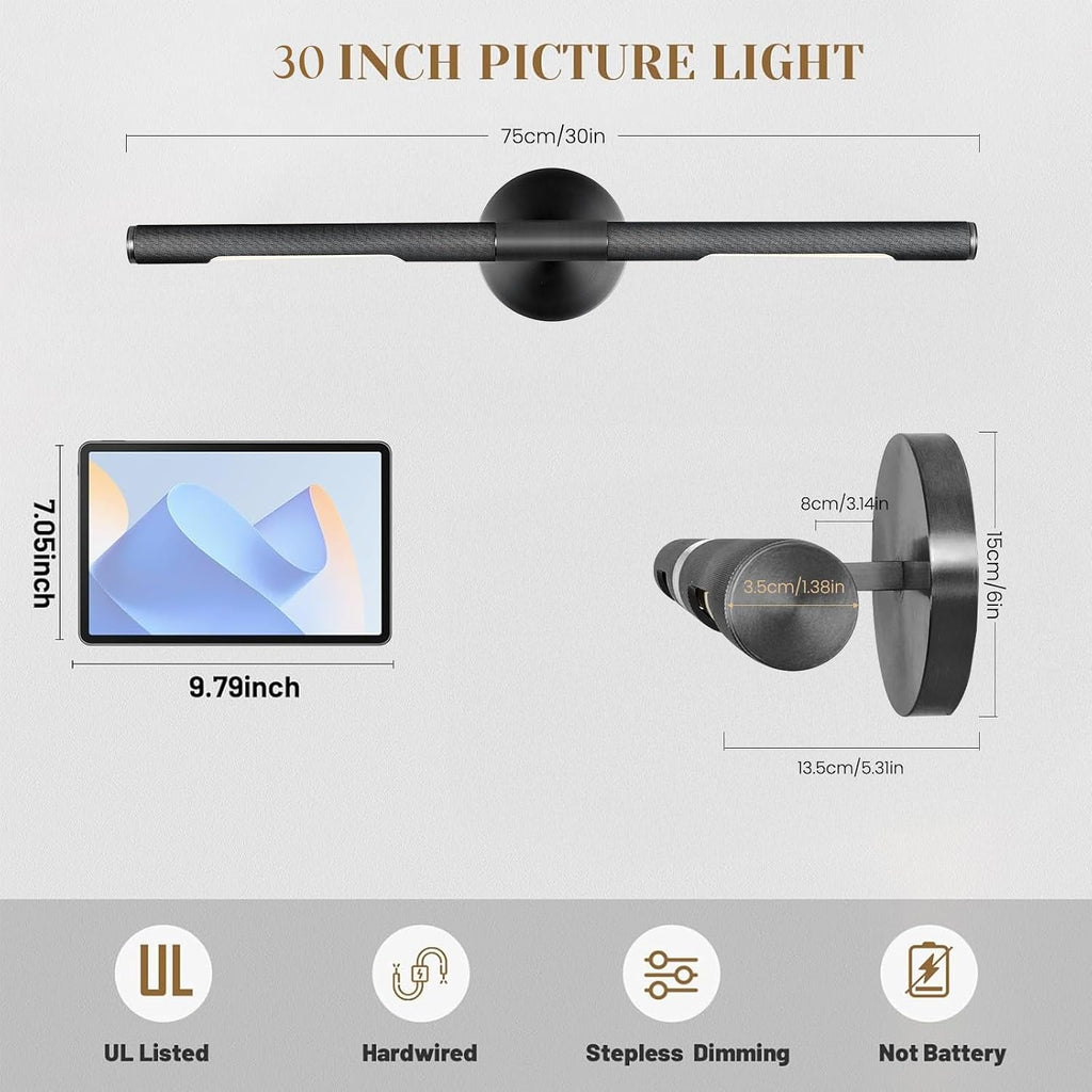 Hard-wired Knurled Picture Light, 30in Black Picture Light for Wall, Dimmable Black Art Lights, Rotatable 360° Sconce for Pictures Frame, Painting Wall Lights, Bathroom Wall Sconce, E12 Bulbs Included