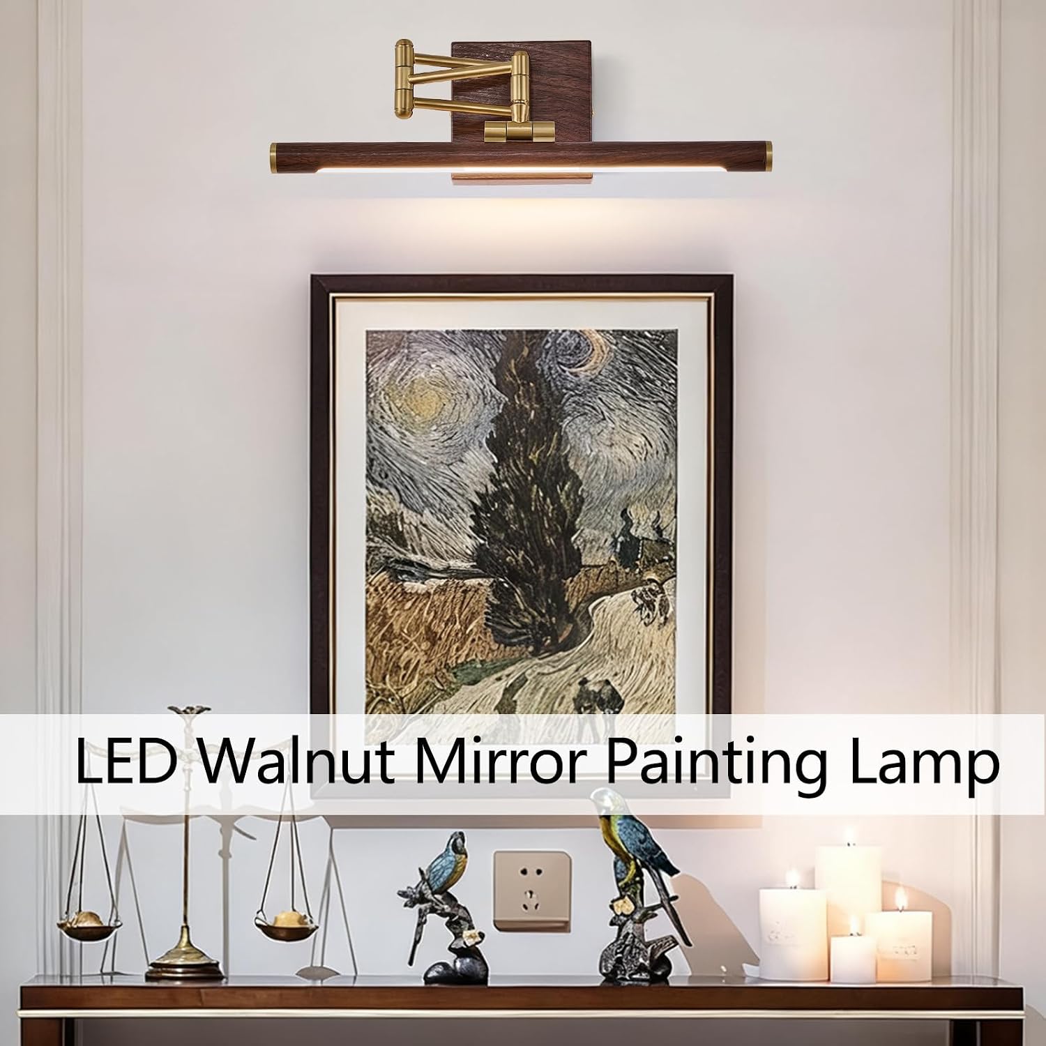 2 Pack Hardwired Dimmable LED Picture Light, Adjustable Swing Arm Wall Art Lamp, Brass Walnut Wood Finish Gallery Lighting for Painting Mirror Artwork Wall Decor