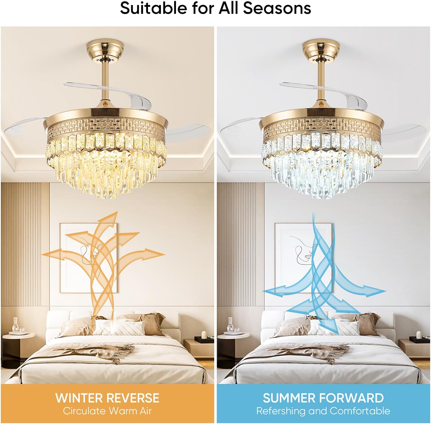 42' Fandelier Ceiling Fan with Light, Chandelier Ceiling Fans with Lights,Retractable Crystal Ceiling Fan for Bedroom Living Room,6 Wind Speed,3 Color Tempeature-Gold