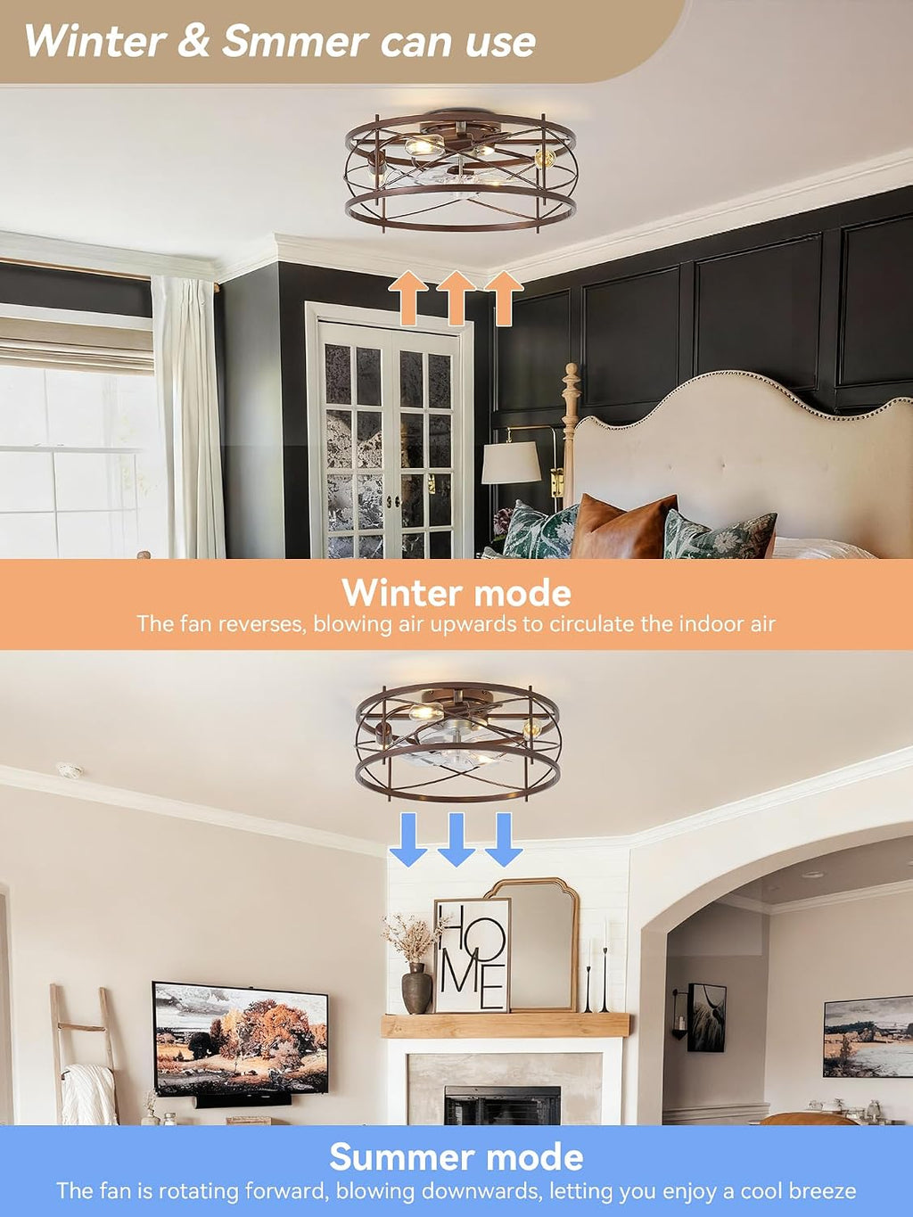 20' Brown Ceiling Fan with Light Flush Mount, Farmhouse Caged Ceiling Fans with Lights and Remote, Bladeless Low Profile Ceiling Fan with 6 Speeds for Bedroom, Living Room, Nursery