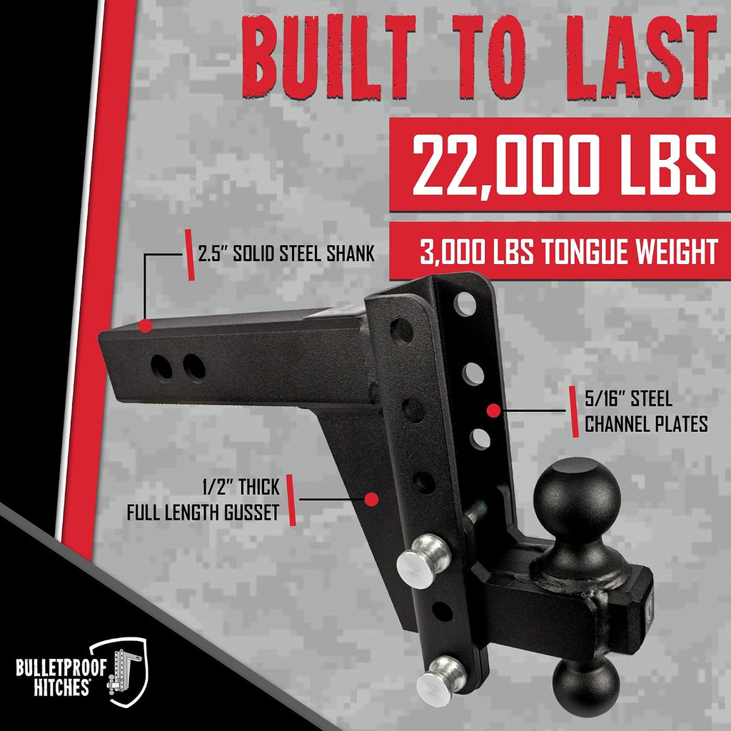 BulletProof Hitches - 2.5' Adjustable Heavy Duty Trailer Hitch (22,000 lb. Rating) - 6' Drop/Rise Trailer Hitch with 2' & 2-5/16' Dual Ball - Powder Coat, Solid Steel, Corrosion-Resistant
