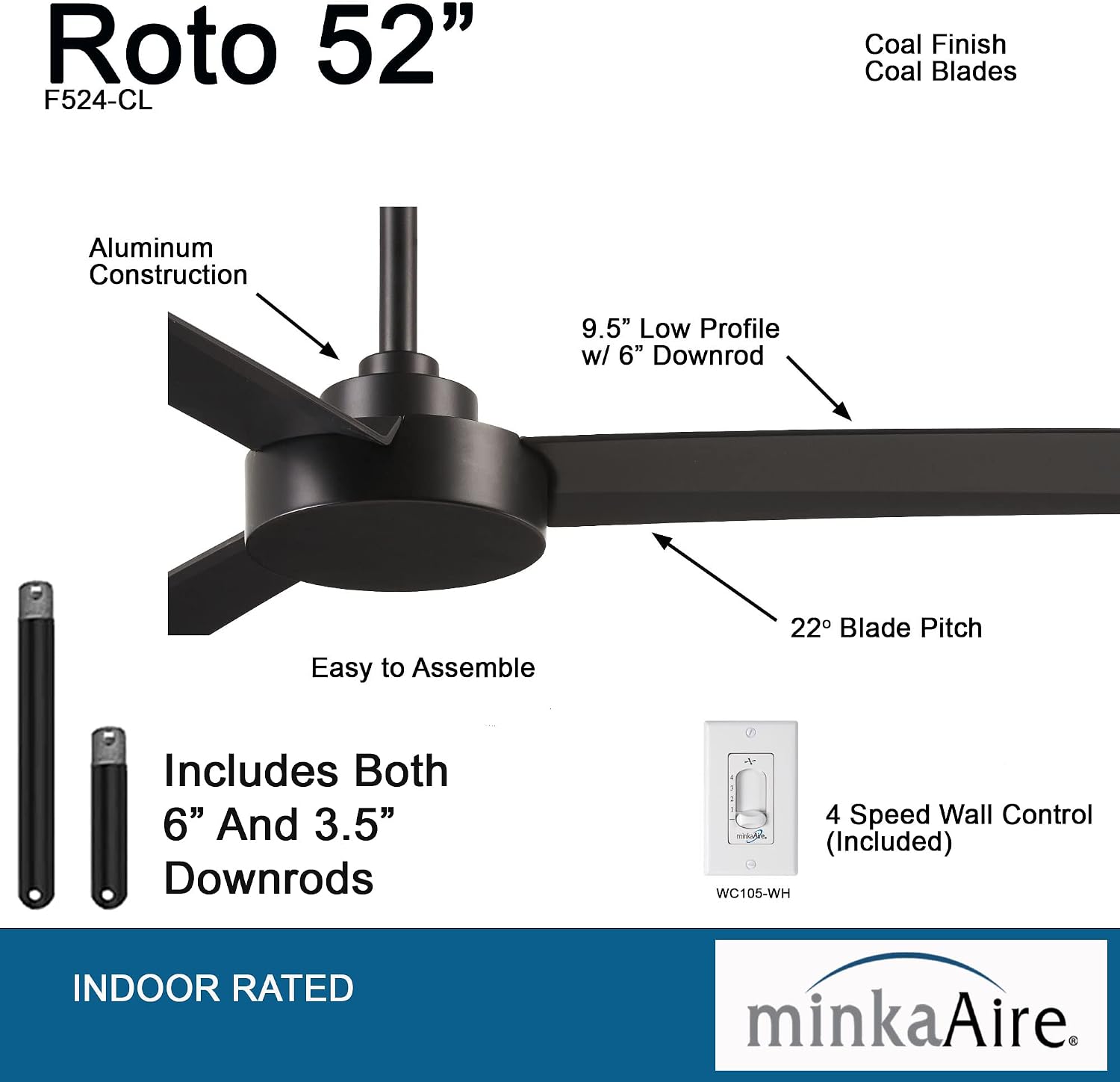 MINKA-AIRE F524-CL Roto 52 Inch Ceiling Fan 3 Blades with Additional 3.5' Downrod in Coal Finish