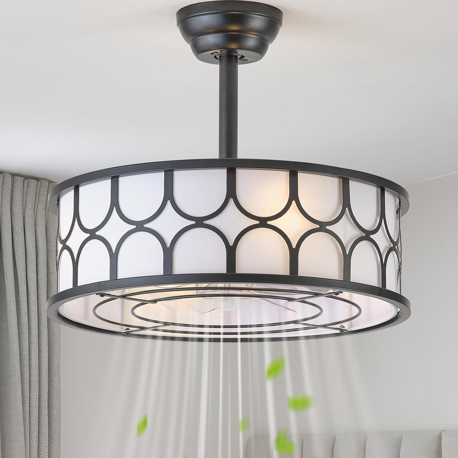 20' Black Boho Fandelier Ceiling Fan with Lights, Caged Bladeless Ceiling Fan with Light Remote Control, Chandelier with 6 Speeds for Bedroom, Nursery, Living Room