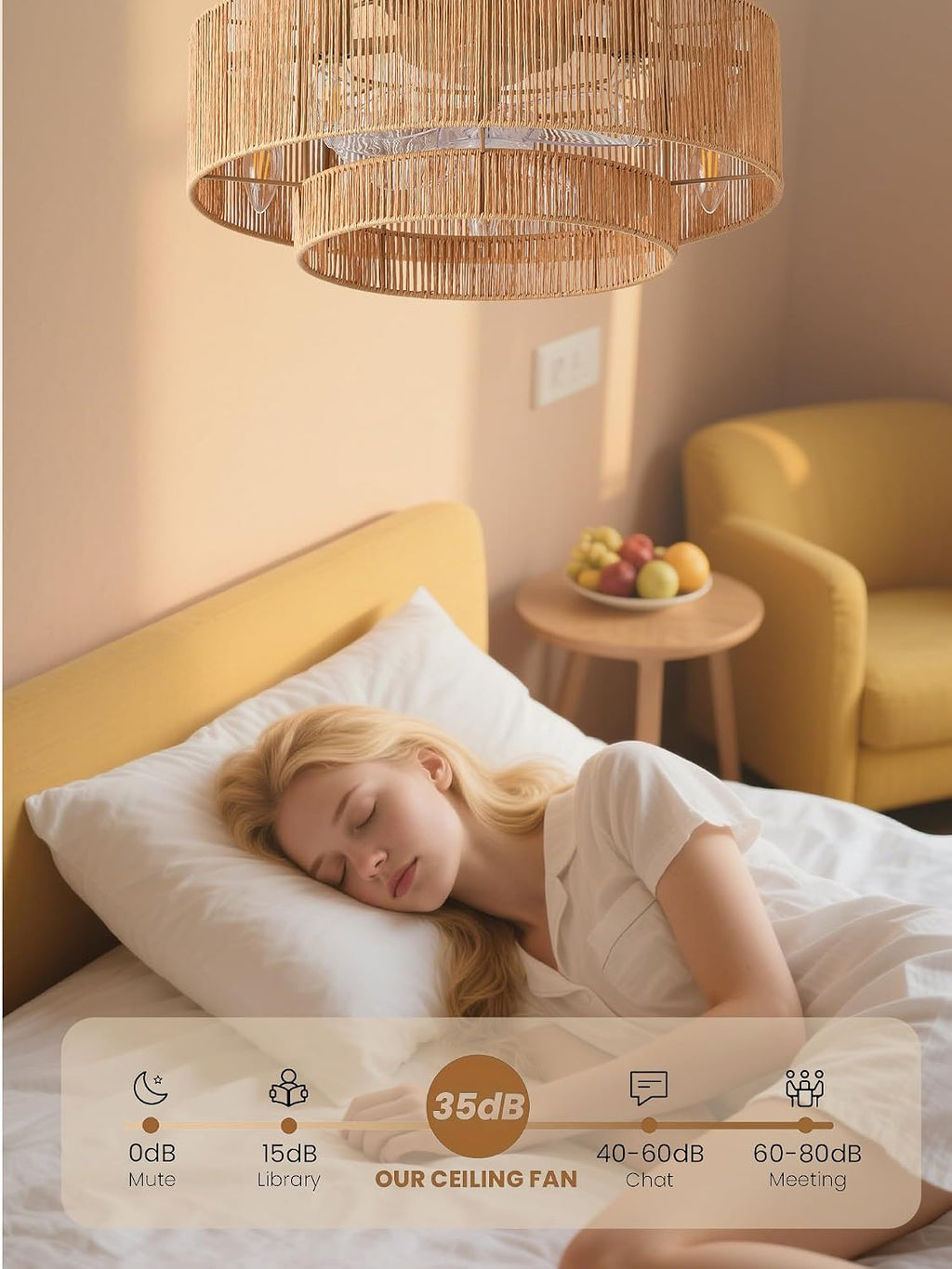 Boho Caged Ceiling Fan with Light, 20' Rattan Flush Mount Ceiling Fans with Lights Remote Contro, Bladeless Enclosed Fandelier Fan Safe for Bedroom, Living room, Nursery
