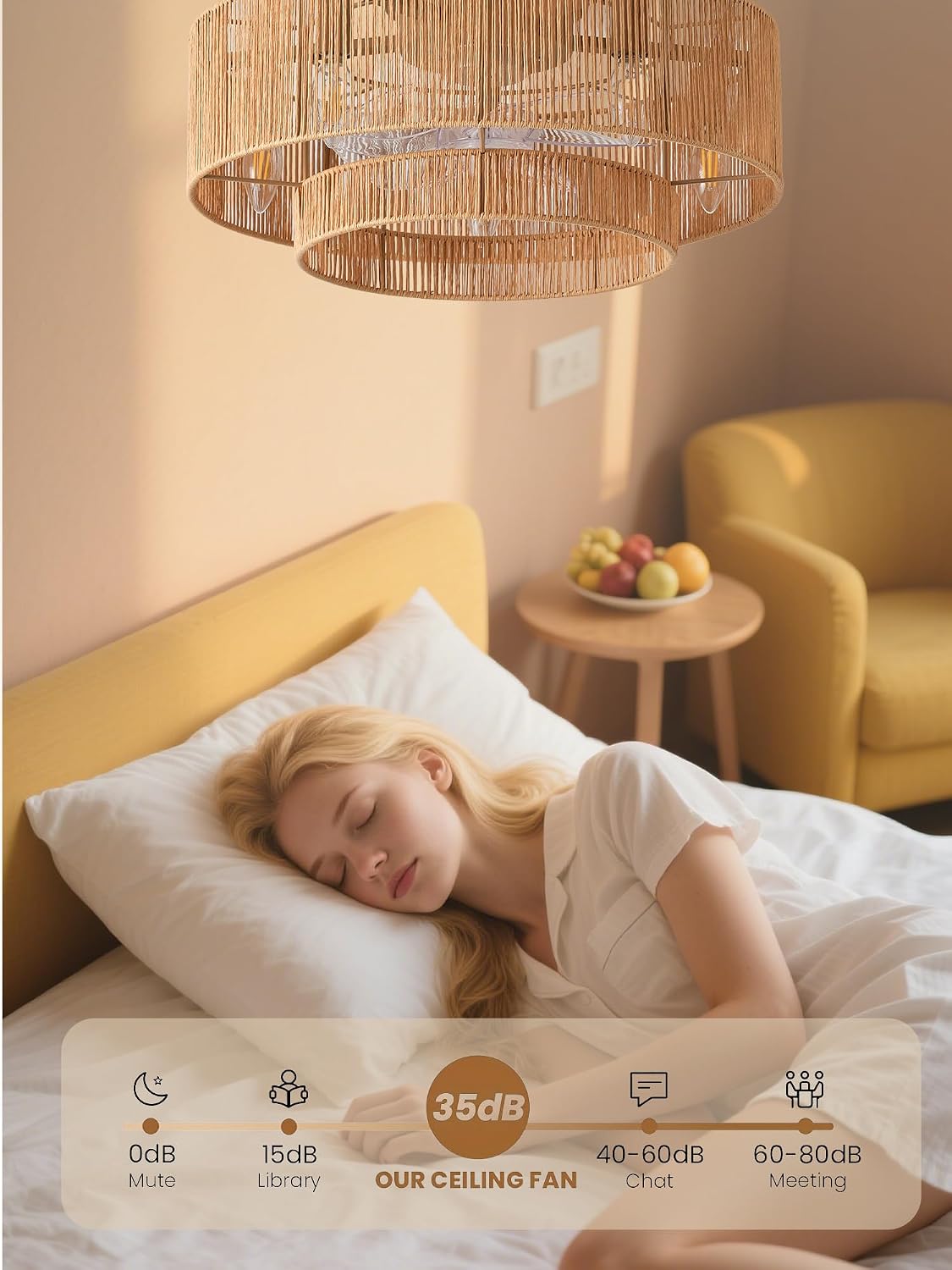 Boho Caged Ceiling Fan with Light, 20' Rattan Flush Mount Ceiling Fans with Lights Remote Contro, Bladeless Enclosed Fandelier Fan Safe for Bedroom, Living room, Nursery