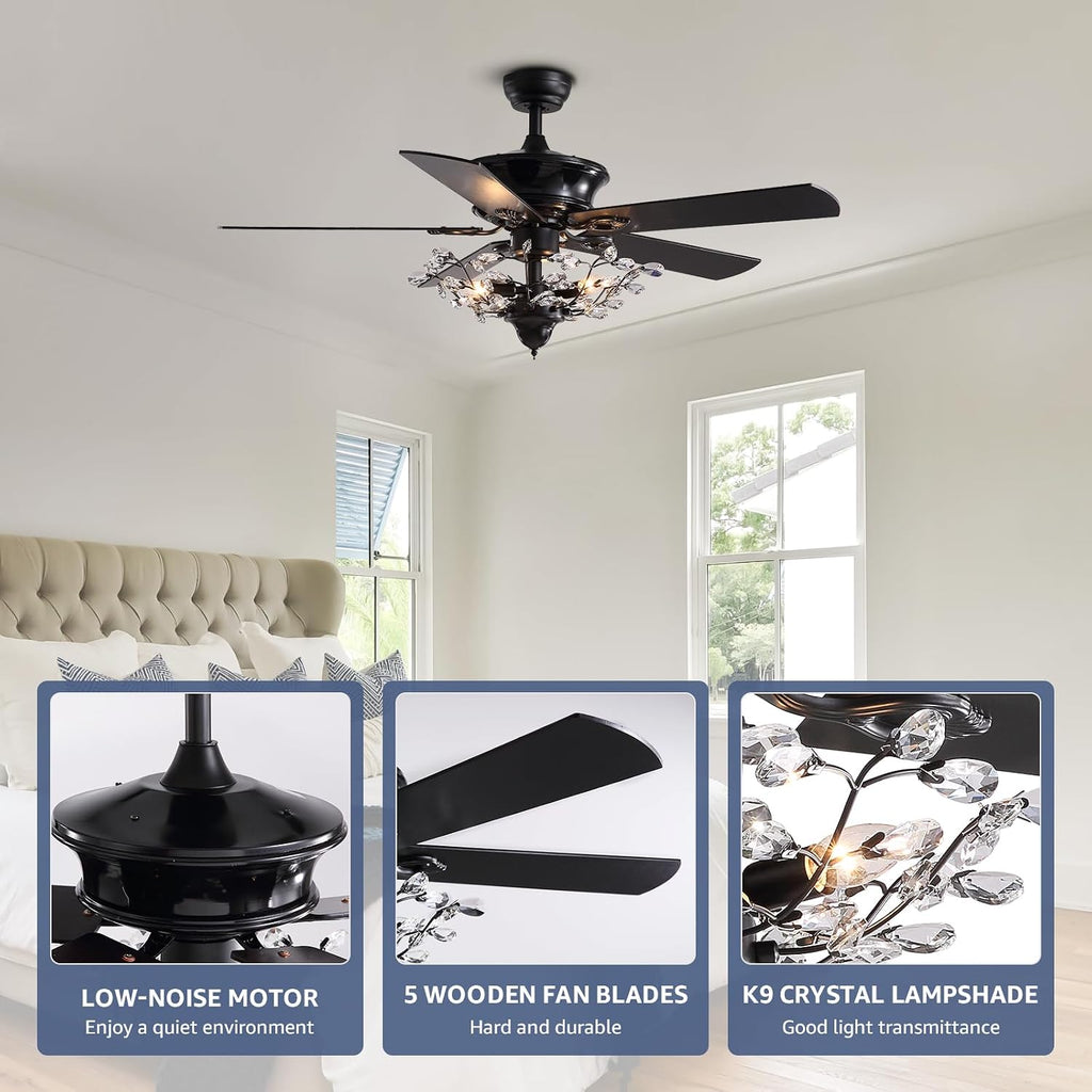 Modern Crystal Chandelier Ceiling Fan Gorgeous Reversible Ceiling Fan Light Fixture with Remote for Bedroom Living Room (Black-2, 50')