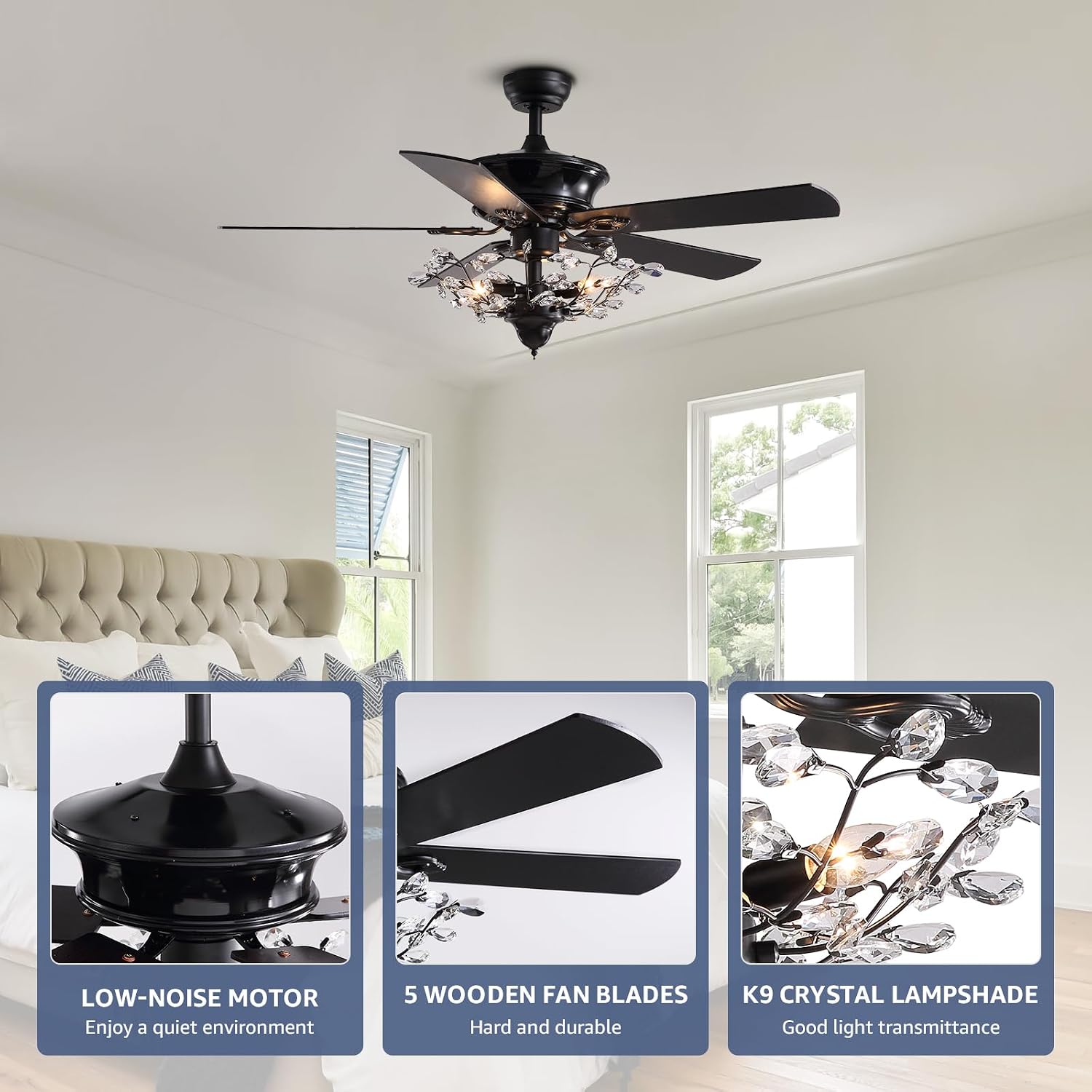 Modern Crystal Chandelier Ceiling Fan Gorgeous Reversible Ceiling Fan Light Fixture with Remote for Bedroom Living Room (Black-2, 50')