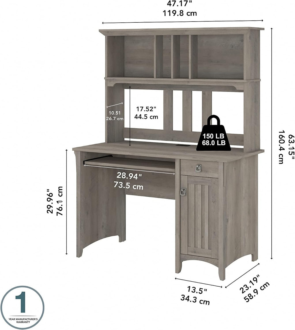 Bush Home Salinas Computer Desk with Hutch | Study Table with Drawers, Cabinets & Pullout Keyboard/Laptop Tray | Modern Home Office Desk in Driftwood Gray | Work Desk with Storage
