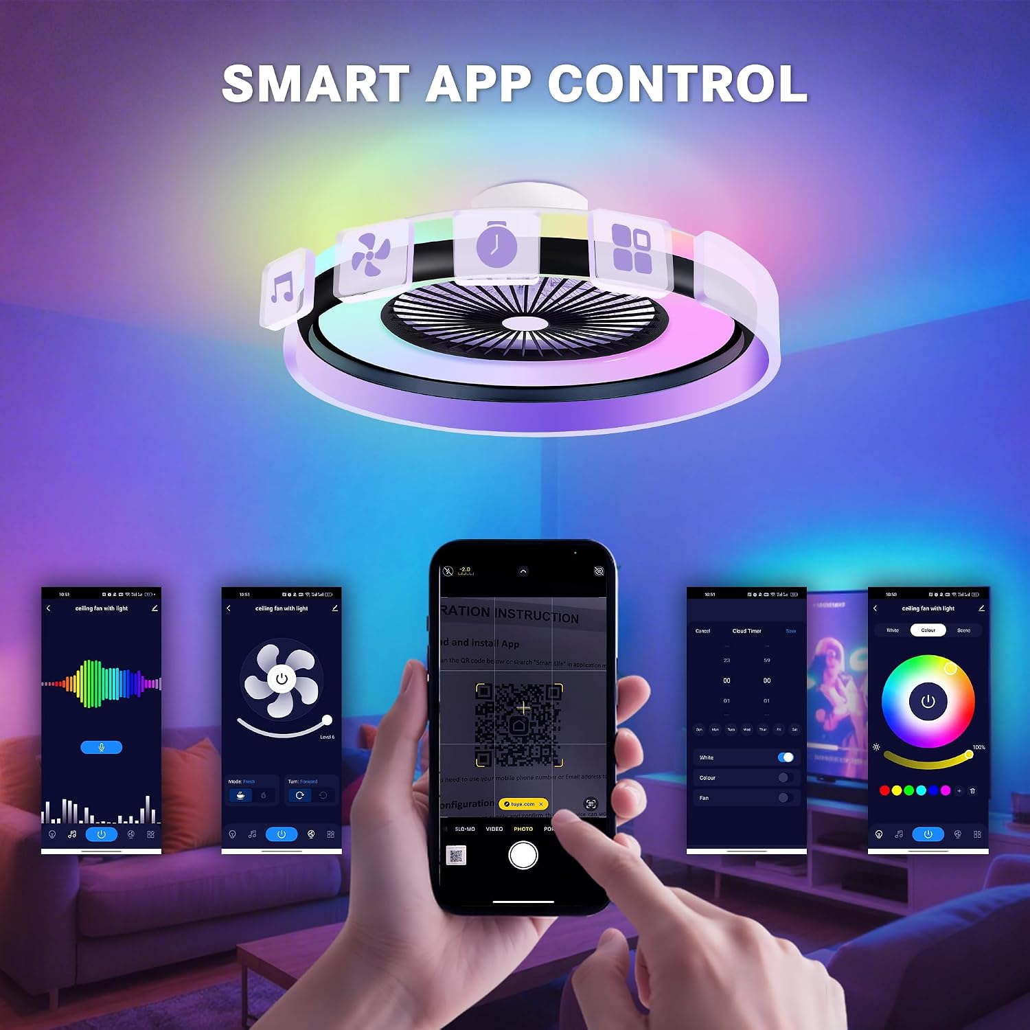 24' Bladeless Ceiling Fans with RGB Light, Low Profile Ceiling Fan with Light, Smart Modern Ceiling Fan with App/Remote/Voice Control, 3 Dimmable LED Light for Bedroom, Living Room Black