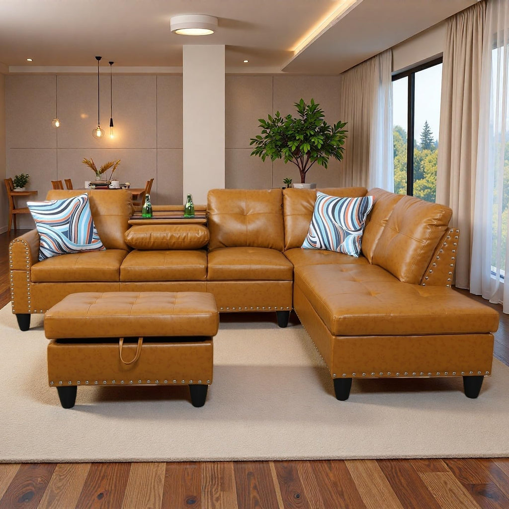 Sectional Couches for Living Room with Movable Chaise & Storage Ottoman - 97.5' Leather L Shaped Couches for Living Room Apartment, Home Modular Sectional Sofas with Cup Holder, Ginger