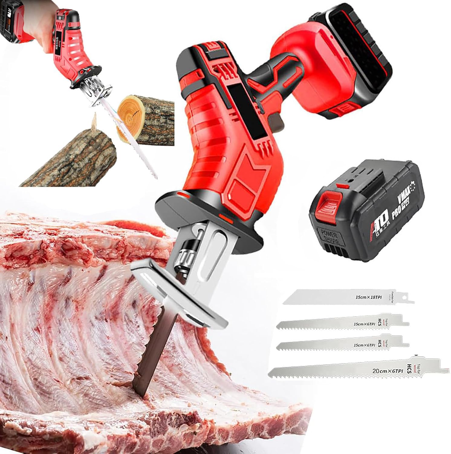 Handheld Electric Bone Saw, Cordless Reciprocating 6.0ah Lithium Battery Powered with Led Light + 4 Blades for Bones, Meat, Wood, Metal
