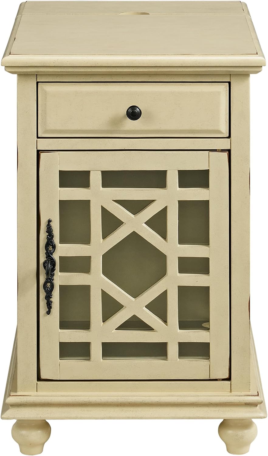 Martin Svensson Home Elegant Chairside End Table with Power — 24″W x 16″D x 25″H, Antique Cream White — Transitional Painted Accent Table with Flip-Top USB Charging, Drawer & Cabinet Storage