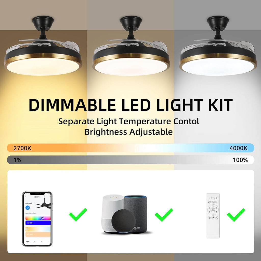 42' Retractable Ceiling Fan with Lights & Bluetooth Speaker Color Changing LED,Black and Gold, Alexa and Google App Control,Invisible Blades, Dimmable Fandelier Chandelier with Remote Control