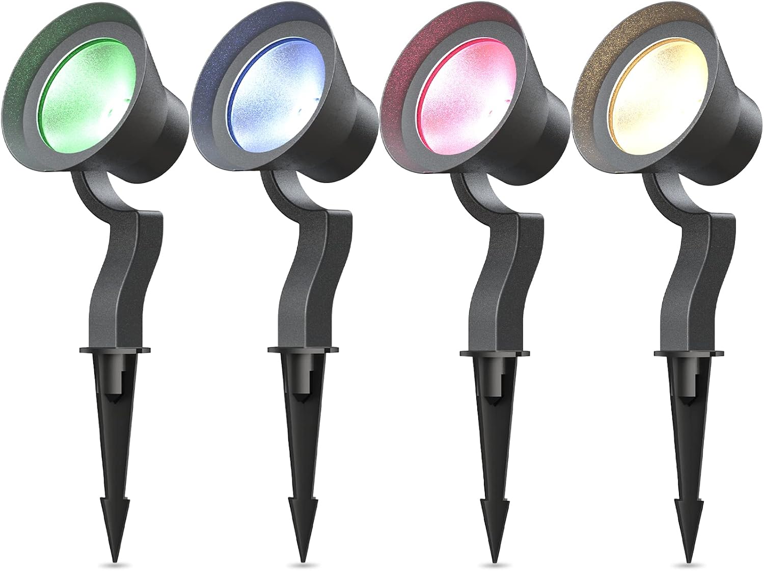 GOODSMANN RGBW Low Voltage LED Spotlights 4PK Color Changing Landscape Lights 12V-15V 12W 650 Lumen Outdoor Spot Lights 9 Lighting Modes Aluminum Flood Lights with Connectors and Metal Spike Stakes