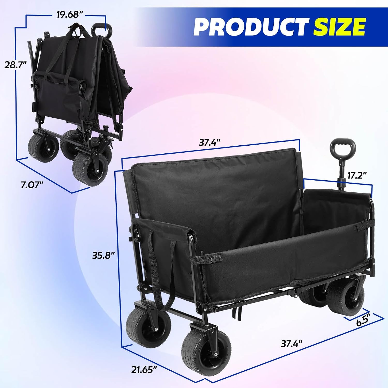 Portable Collapsible Folding Wagon, 550LBS Heavy Duty Utility Carts,Reclining Camper, Expandable Storage, Padded and Wheeled, All Terrain Wheels, Great for Camping, Outdoors, Shopping (Black)