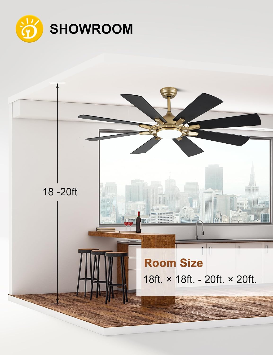 Dawn Whisper 60 Inch Black and Gold Ceiling Fans with Lights and Remote 6 Speed Reversible DC Motor Modern LED Ceiling Fans for Bedroom Living Room