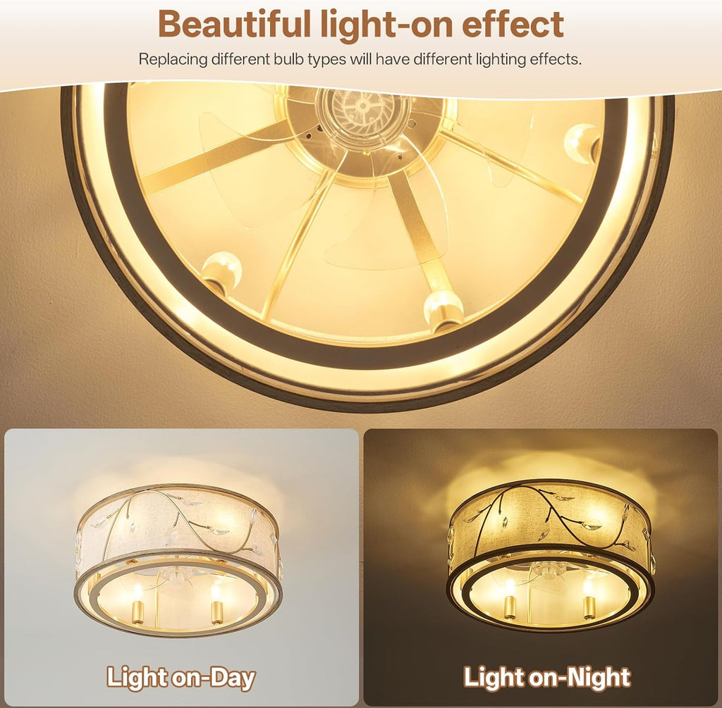 Caged Flush Mount Ceiling Fans with Lights, 20' Gold Boho Ceiling Fan, Low Profile Crystal Ceiling Fan with Light Remote Control, Small Mid Century Bladeless for Bedroom(6 E12 Bulb Include)