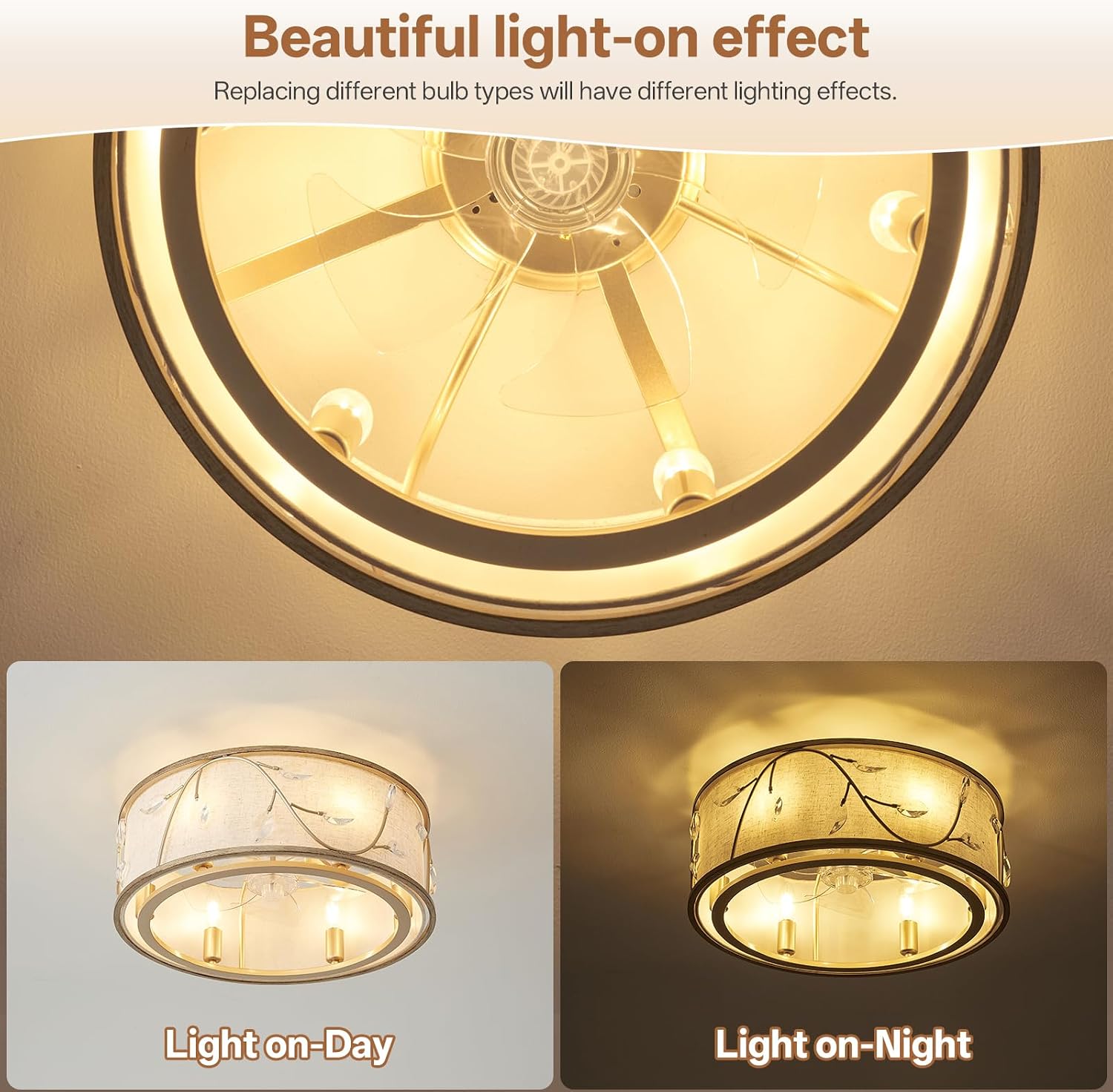 Caged Flush Mount Ceiling Fans with Lights, 20' Gold Boho Ceiling Fan, Low Profile Crystal Ceiling Fan with Light Remote Control, Small Mid Century Bladeless for Bedroom(6 E12 Bulb Include)