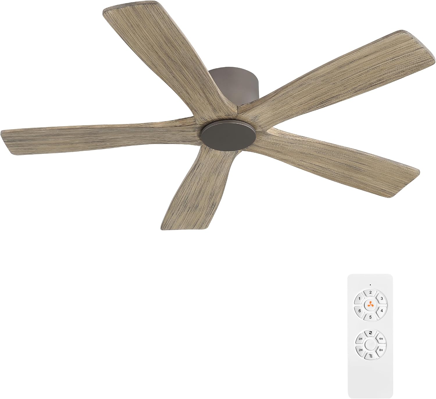 WINGBO 48' Flush Mount DC Ceiling Fans without Lights, 5 Carved Solid Wood Blades, 6-Speed Reversible DC Motor, Low Profile Hugger Ceiling Fan No Light for Living Room Bedroom Patio, Graphite and Gray