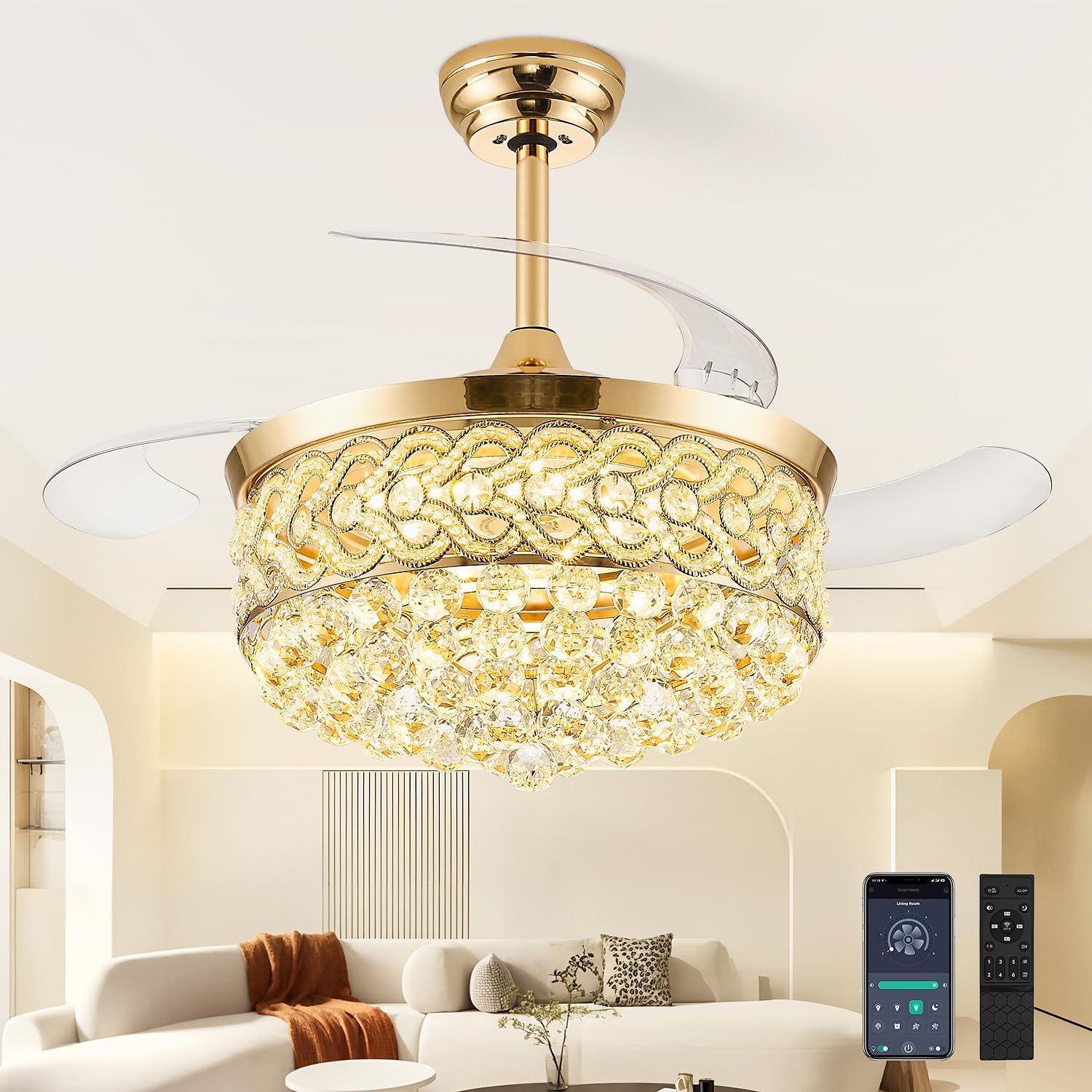 TXCSLY 48' Crystal Fandelier Ceiling Fan with Light, Retractable Ceiling Fans Chandelier Fan with Retractable Blades Dimmable Crystal Ceiling Fan Chandelier Fans for Bedroom Living Room-Gold