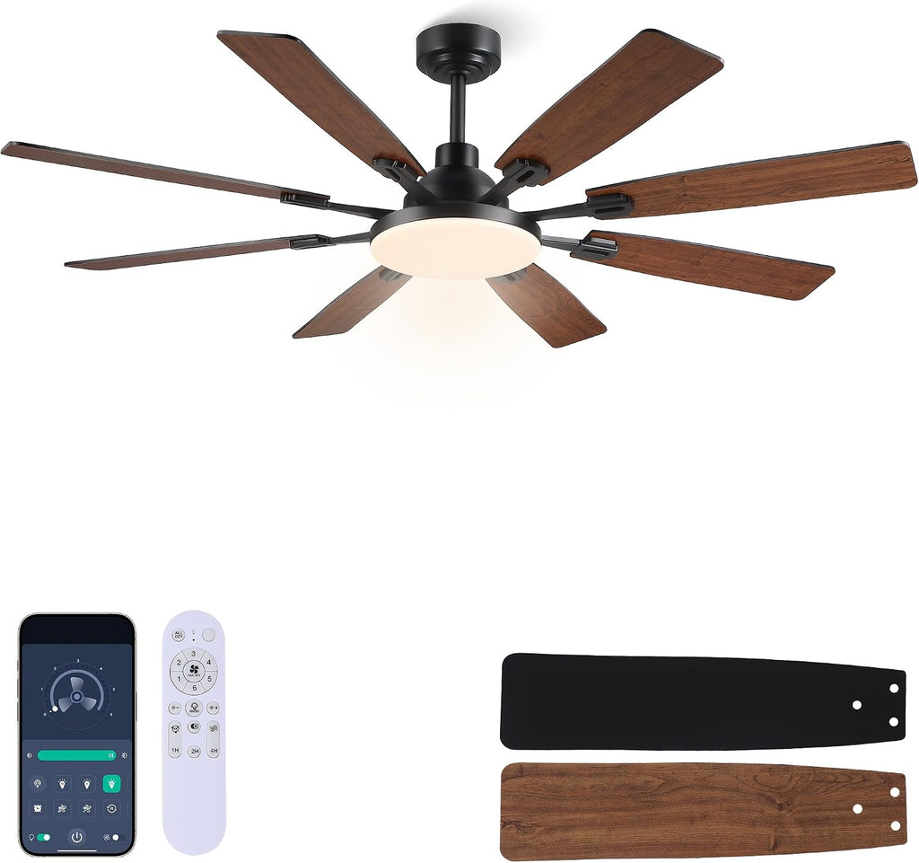 JSAITEE 60In Ceiling Fans with Lights - Brown Low Profile Fan Light with 8 Blades, 6 Wind Speeds Reversible, Dimmable, Modern Light Fixture for Indoor Living Room, Kitchen, Coverd Patios
