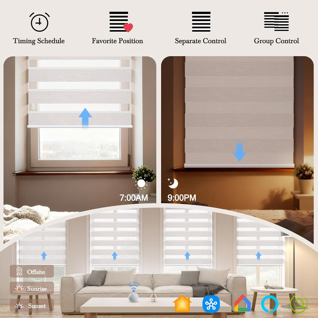Motorized Zebra Blinds, Automatic 60% Blackout Shades for Indoor Windows Work with HomeKit, Alexa, Google Home, Customized Electric Blinds with Remote, App, Voice Control, Fabric Ivory