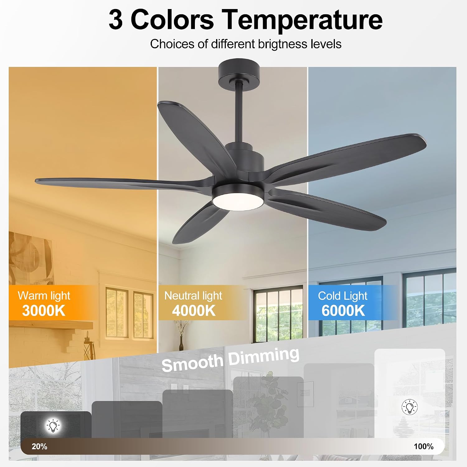 WINGBO 54' Ceiling Fan with Light - 5 Carved Solid Wood Blades, 6-Speed Reversible DC Motor, Dimmable, 3CCT, Noiseless Remote Control Ceiling Fans with Lights for Bedroom Living Room, Matte Black