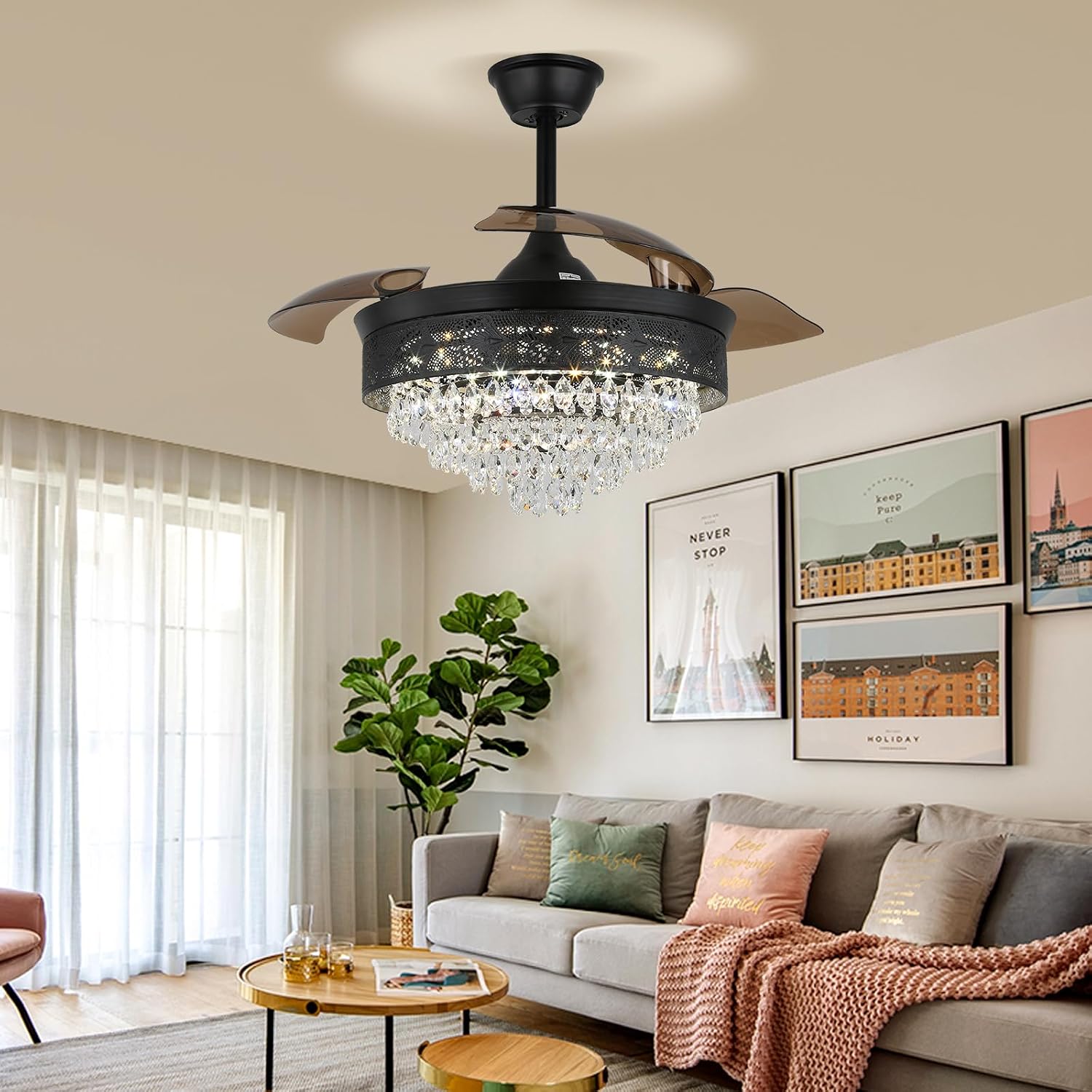 42' Black Crystal Fandelier Dimmable LED Ceiling Fan with Lights Retractable Blades 3 Color with Memory Quiet Reversible 6 Speeds Timer for Bedroom Living Room Dining Room
